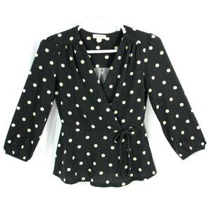 Monteau Polka Dot Tie Peplum Waist V Neck Surplice Sweater Knit Top Blouse L